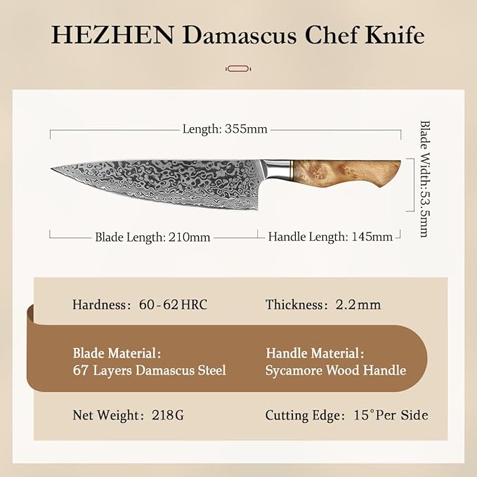 HEZHEN Damascus Chef Knife, 8.3 Inches