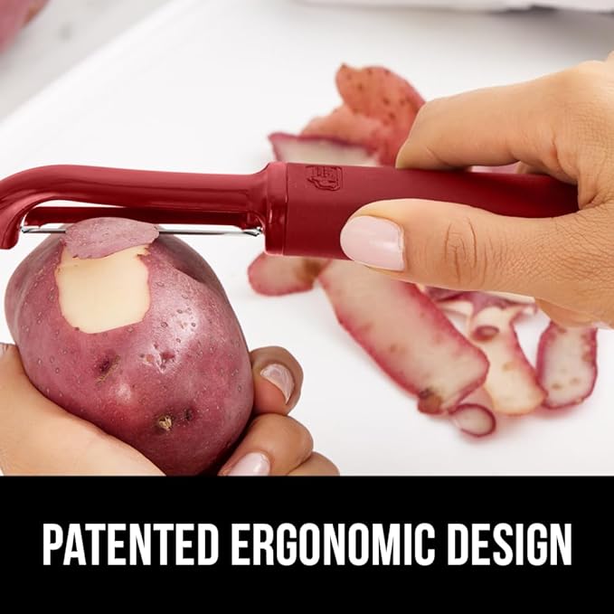 GORILLA GRIP® Patented BPA-Free Vegetable Peeler, Extra Sharp Swivel Stainless Steel Blades with Guard, Comfortable Soft Handle, Easily Peel Carrots or Fruit, Potato Eye Remover, Dishwasher Safe, Red