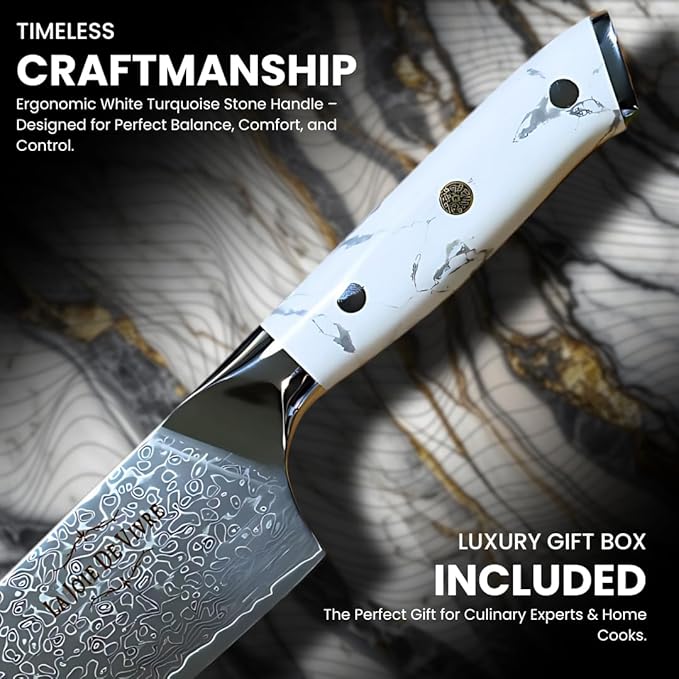 Damascus Chef Knife 8 Inch, Japanese Chef Knife with 67-Layer VG-10 Steel Core, Ultra Sharp Professional Kitchen Knife, White Turquoise Resin Handle, Premium Gift Box