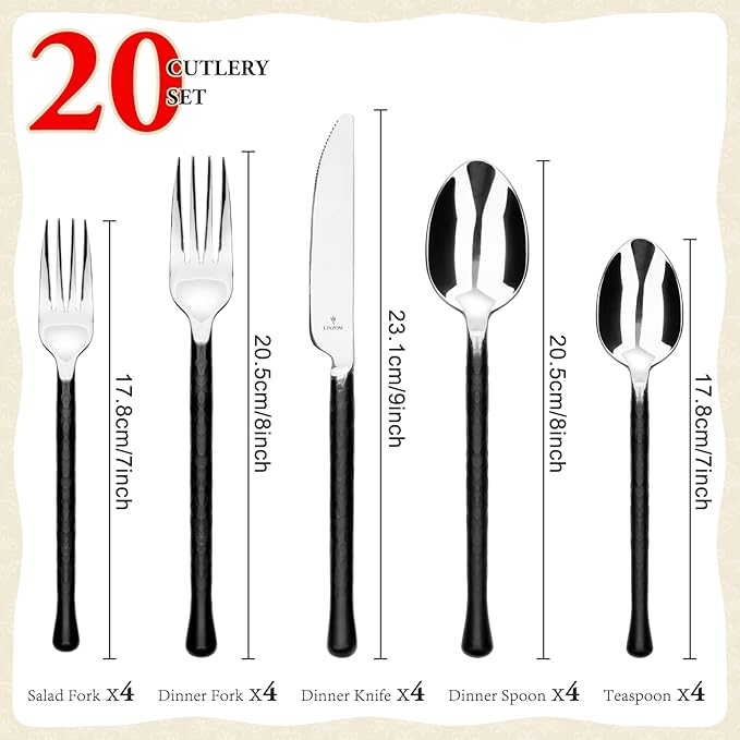 LINZOM Forged 20-Piece Matte Black Silverware Set, 18/10 Stainless Steel Flatware Service for 4, Rustic Black Flatware, Spoons Forks Set Home Kitchen Restaurant Housewarming, Dishwasher Safe