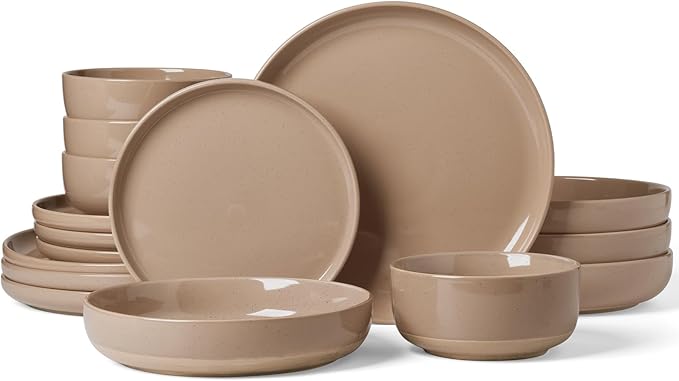 Famiware Milkyway 16-Piece Stoneware Plates and Bowls, Cinnamon Brown