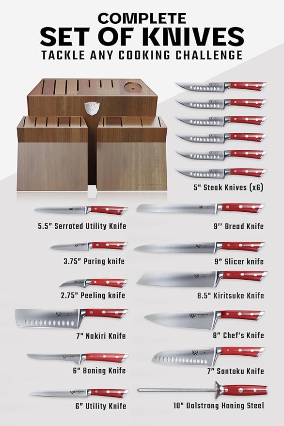 Dalstrong 18-Piece Gladiator Colossal Knife Block Set (Red Handles) — German High-Carbon Steel, Full-Tang, Hand-Sharpened — For Home Chefs, Wedding Registries & Serious Kitchens — Acacia Block, NSF