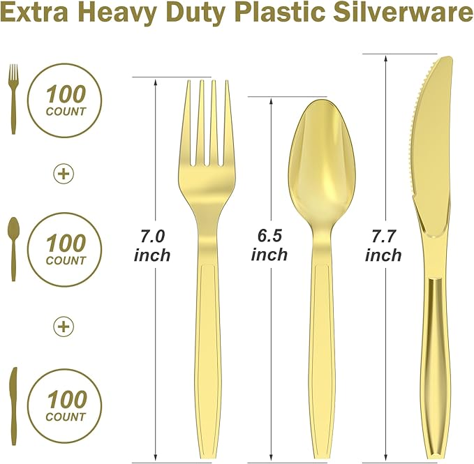 Dealusy 300 Count Extra Heavy Duty Gold Plastic Silverware, 100 Forks, 100 Spoons, 100 Knives, BPA-Free, Heat Resistant, Disposable Plastic Utensils Set, Plastic Cutlery Set, Plasticware Bulk