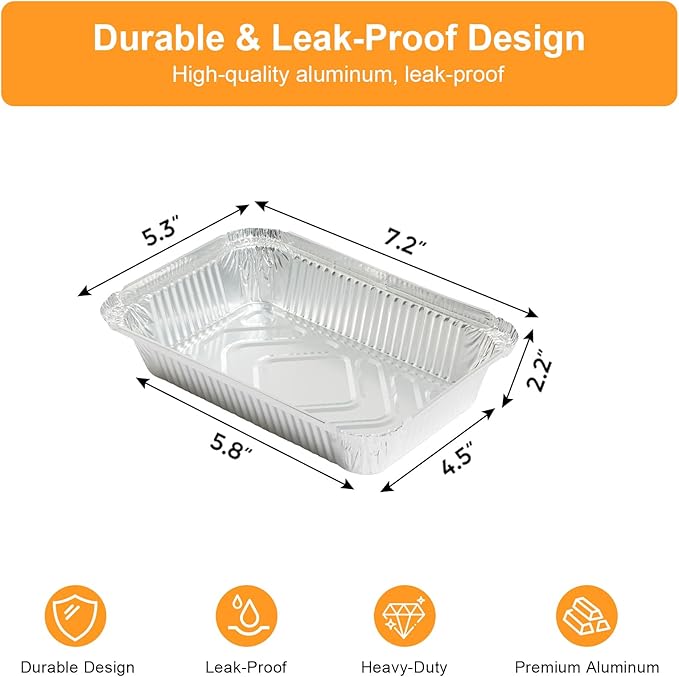 Notwoe ® Aluminum Foil Pans with Foil Lids - 50 Pack, 7"×5", 1.5 LB Capacity, Disposable Containers for Baking, Meal Prep, Freezer Storage & Takeout. (50)