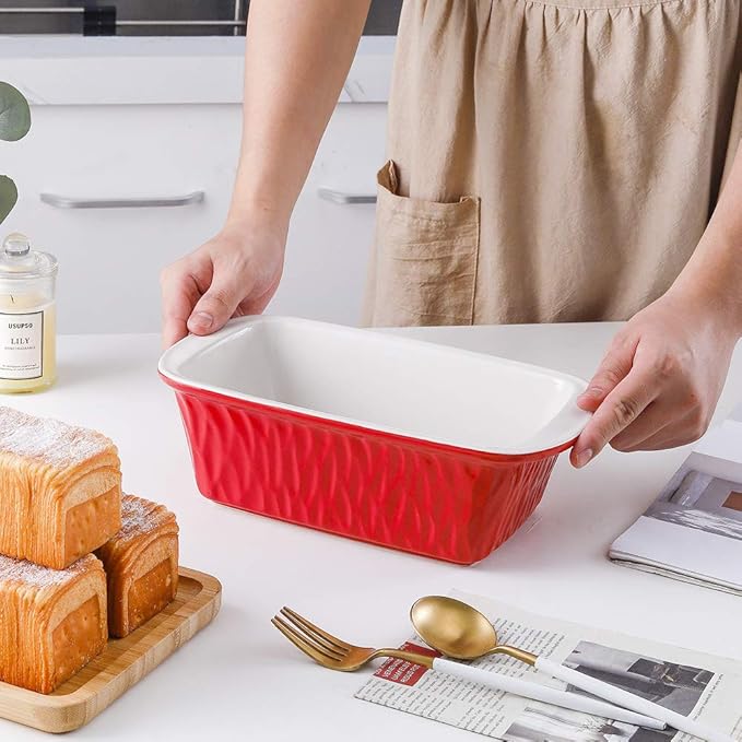 KOOV Ceramic Loaf Pan, Bread Baking Pan, 9 x 5 inch Baking Dish, Rectangular Bakeware for Cooking, Home Kitchen, Texture Series(Red)