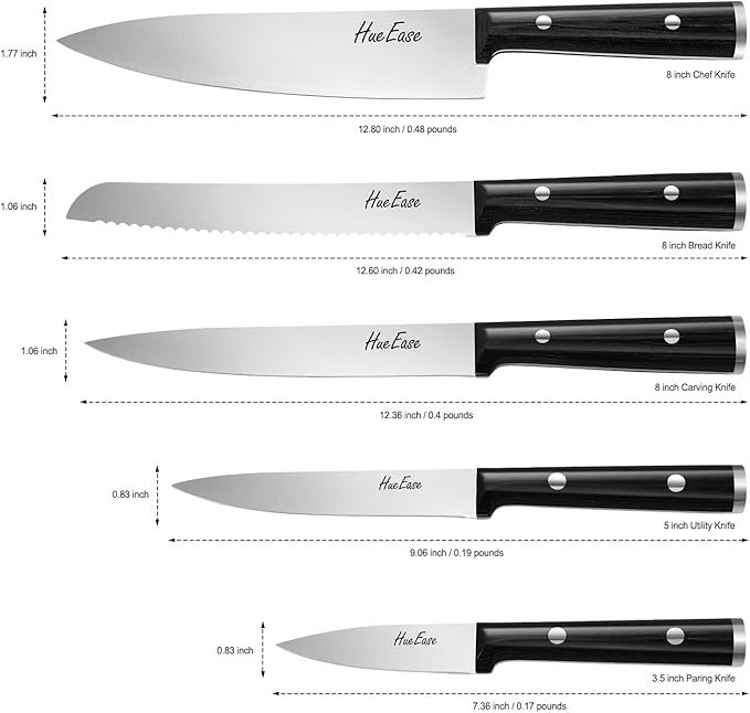 HueEase Knife Set,6-Piece Kitchen Knife for Home Use, Sharp Knife Set with Natural Acacia Wood Knife Block, Germen Steel Wood Handle Kitchen Knife Block Set, Ergonomical Design ((Ink-black))