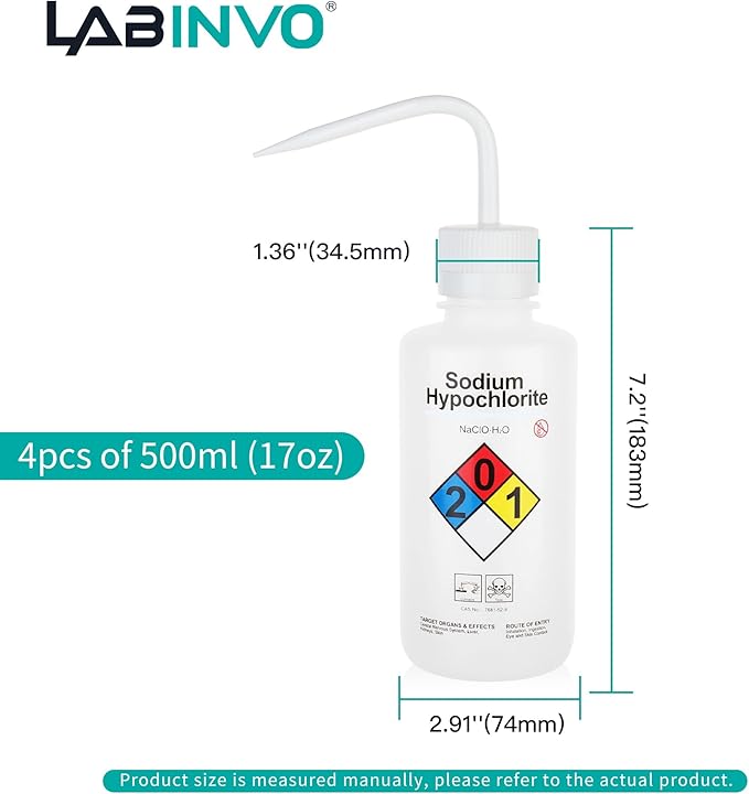 LABINVO 4pcs of Sodium Hypochloride Wash Bottles, Vol.500ml (17oz), Narrow Mouth, Self-Venting Safety Wash Bottles, LDPE Material, IN-WBS500