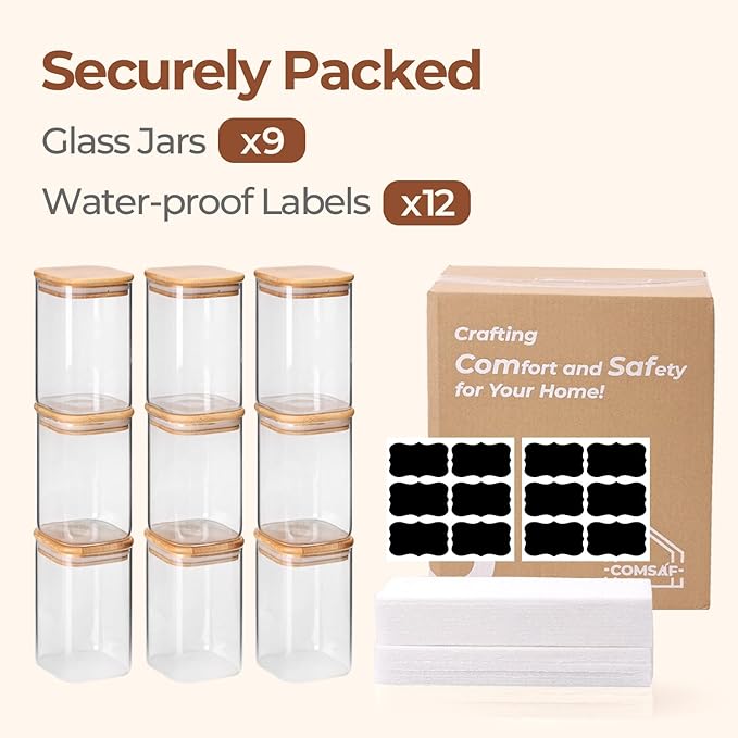 ComSaf Square Glass Containers With Lids 1.2 Qt, Set of 9 Pantry Galss Jars