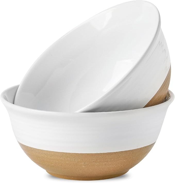 HASENSE Large Ceramic Serving Bowls Set of 2, 84 Oz 9 Inch White & Terracotta Stoneware Mixing Bowls, Farmhouse Bowls for Salad, Baking, Popcorn & Side Dishes, Dishwasher & Microwave Safe