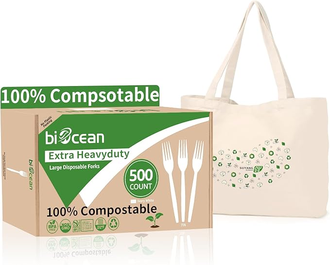Biocean Extra Heavyduty Compostable Forks [500 Count,7In] Disposable Cutlery No Plastic Forks Large Biodegradable Utensils Eco Friendly Silverware for Party,BBQ,Daily Use [With Tote]