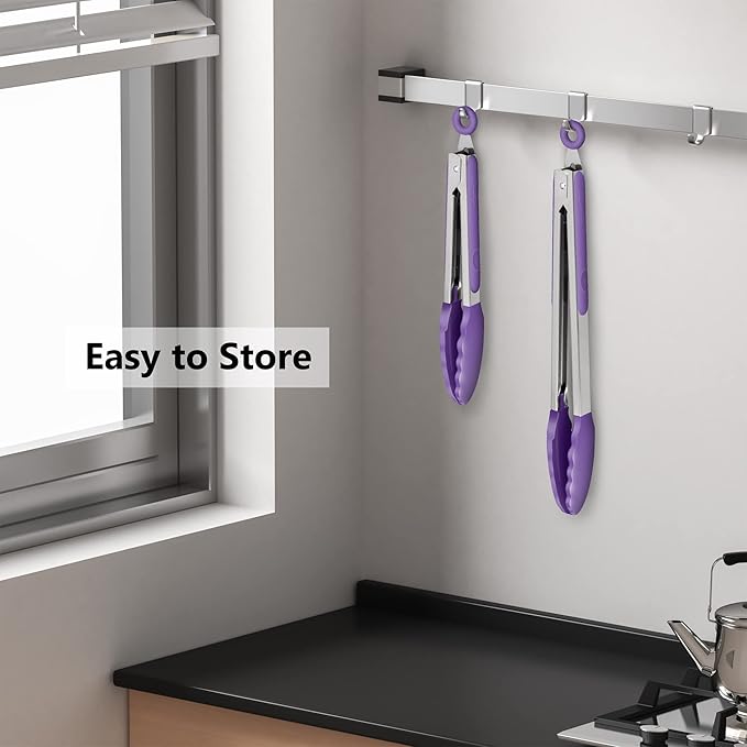 2 Pack Silicone Kitchen Tongs – 9" & 12" Set, Heat Resistant up to 500°F, Non‑Stick Cookware Safe, Wavy Silicone Tips, BPA Free, Locking Clip & Hanging Loop, Purple