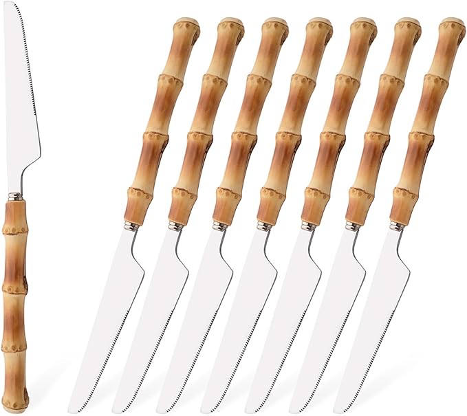 Uniturcky Dinner Knife Set with Bamboo Handle, 8-Piece Stainless Steel Shiny Silver Dinner Knives, Creative Design Table Knives for Home Restaurant, 8.74 inch, Handcrafted