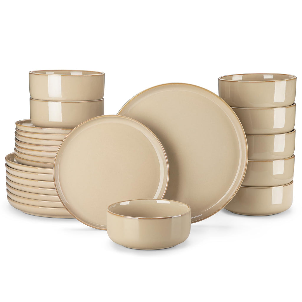 vancasso PLAYA Ceramic Plates and Bowls Sets, 24 Pieces Brown Dinnerware Sets for Kitchen, Reactive Glaze Dishes Set for 8, Dishwasher and Microwave Safe