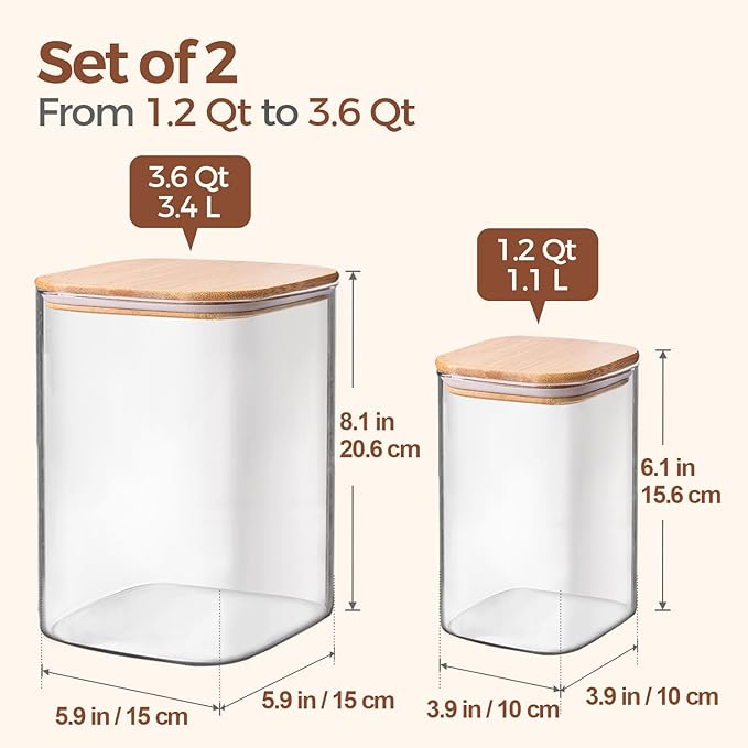 ComSaf Glass Storage Containers with Bamboo Lids 1.2/3.6 Qt 2 Pack