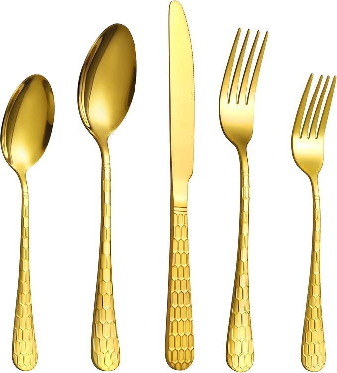 40 Pcs Gold Silverware Set for 8, Food Grade Stainless Steel Flatware Set, Eating Utensils Sets Include Fork/Knife/Spoon, Reusable Cutlery Set for Home Kitchen, Dishwasher Safe, Round Hammered