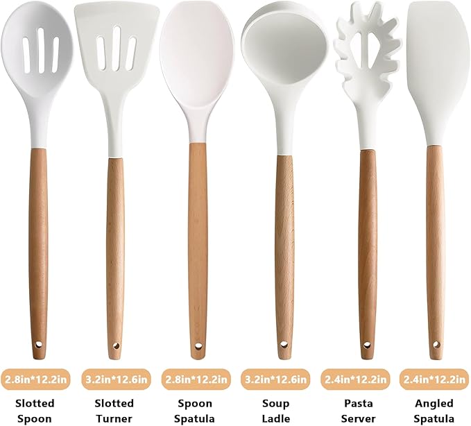 IOCBYHZ Kitchen Cooking Utensils Set 6Pcs Non-Stick Silicone Kitchen Utensils Spatula Spoon Turner Ladle Pasta Server, Heat Resistant Wooden Handle Silicone Cooking Gadgets Sets for Cookware & Baking