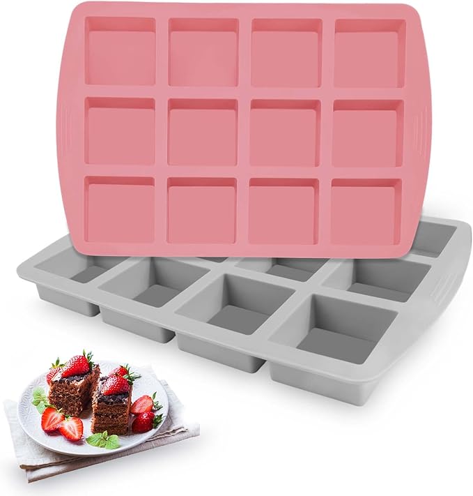 Brownie Pan,2Pcs Nonstick Silicone Bite Size Brownie Pan with Dividers,12 Cavity All Edges Brownie Pan,Non Stick Cake Baking Mold