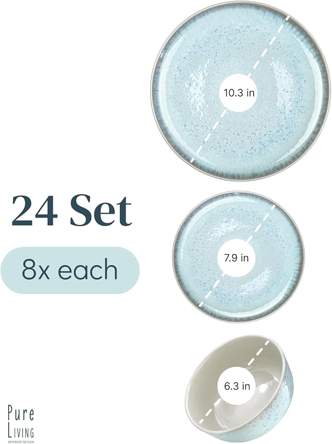 24 Piece Stoneware Dinnerware Set for 8 - Handmade Reactive Glaze Plates and Bowls Set - Chip & Scratch Resistant Dish Set - Dishwasher Microwave Safe - Light Beige & Blue
