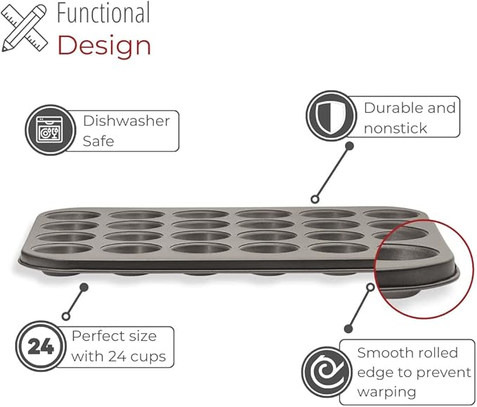 husMait Mini Muffin Pan 24 cup, Set of 2 - Non-Stick Carbon Steel Mini Cupcake Pan Multipack - Heavy Duty 48 Cavity Metal Baking Tray, Warp-Resistant, PFOA Free