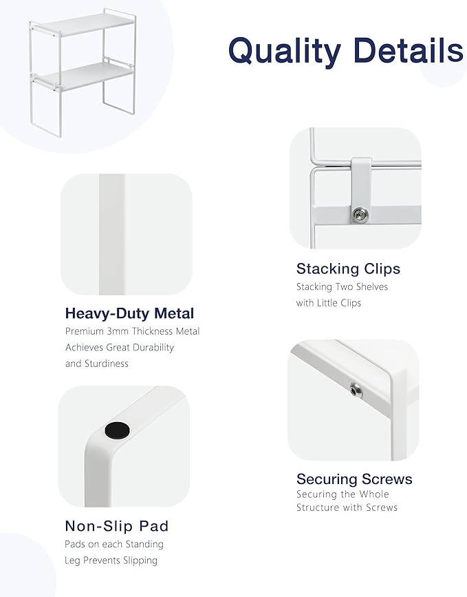 Nxconsu Stackable Cabinet Shelf Organizer 2 Pack, Standard Tall White