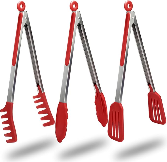 HST Non Stick Silicone Kitchen Tongs, 3 Pack 12 Inch Red BBQ Cooking Baking