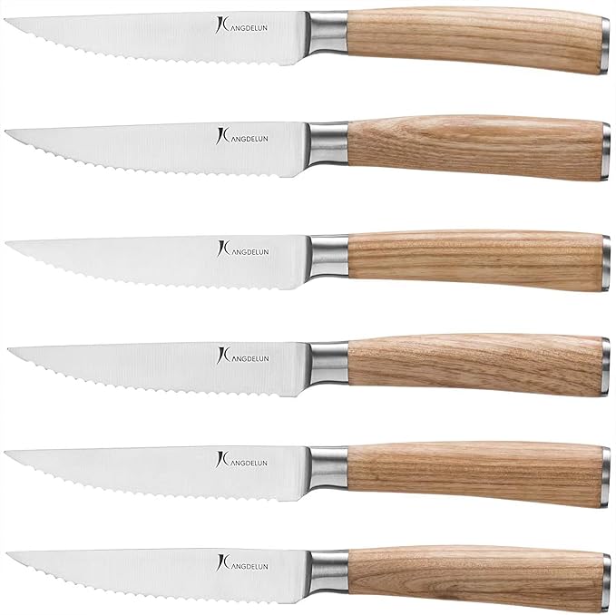 kangdelun Ultra Sharp 6-Piece Steak Knife Set, 4.5" Serrated Blades, 50Cr15MoV High-Carbon Stainless Steel, Torrefied Natural Ash Wood Handles, Magnetic Gift Box