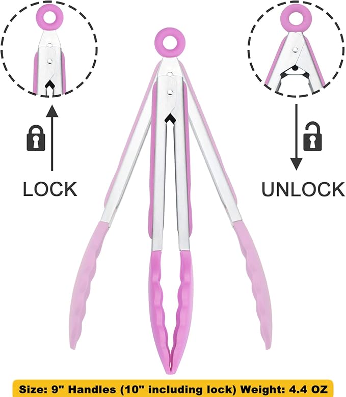 HINMAY Serving Tongs with Silicone Tips 9-Inch Food Tongs, Set of 3 (Pink)
