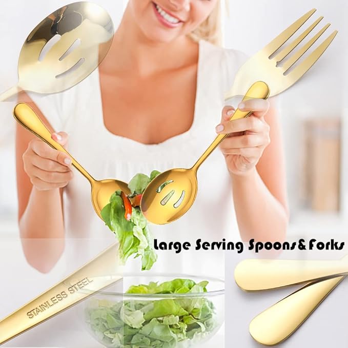 IAXSEE 6 PCS Stainless Steel Serving Utensils, Large Serving Spoons Slotted Spoons, Forks, Ice Suger Tongs, Cake Server, Soup Ladle, Metal Utensils Set Great for Buffet Catering Banquet Party, Gold