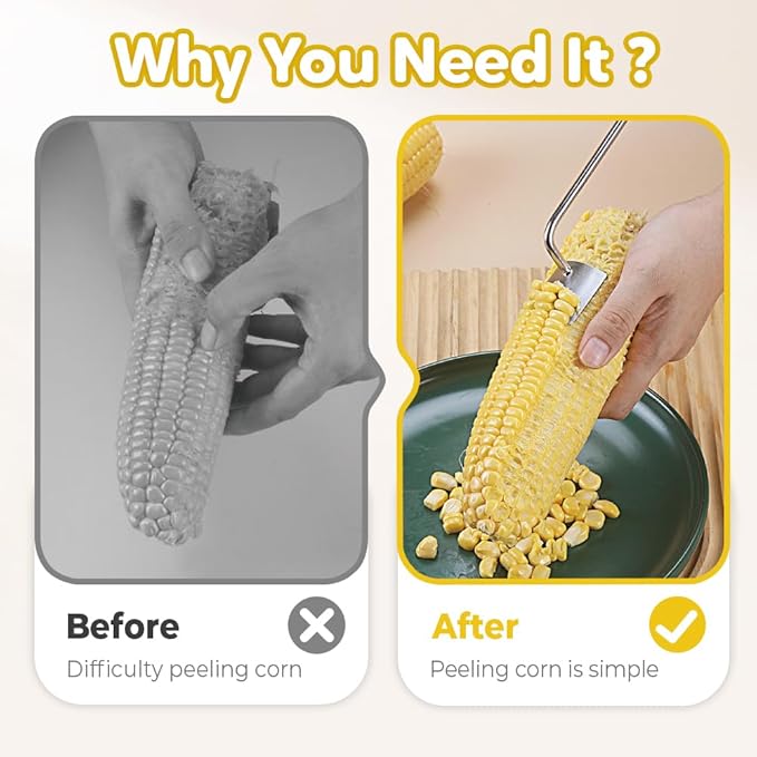 Easy Clean Corn Cob Peeler, 2025 New Corn On The Cob Stripper Tool with Long Handle, Stainless Steel Corn Cutter for Corn Cob With Corn Holder (Green-2 pcs)