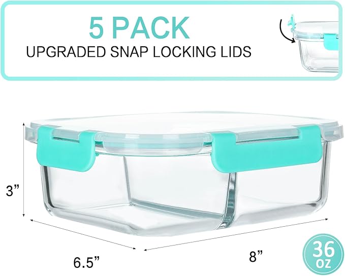 M MCIRCO 5 Pack,36 oz, 2 Compartments Glass Meal Prep Containers with Lids