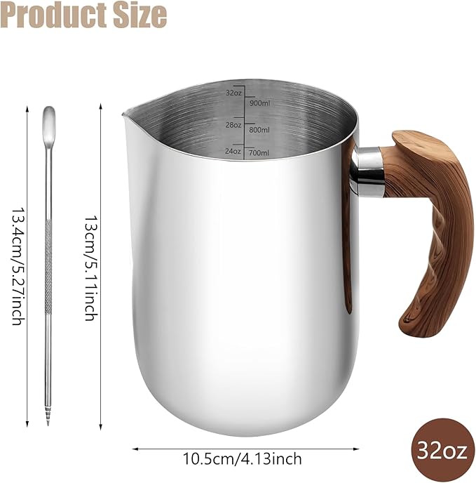 Milk Frothing Pitcher, 32oz Milk Frother Cup 304 Stainless Steel Steaming Pitcher with Art Pen Milk Coffee Jug Cup with Heat-resistant Handle and Scale