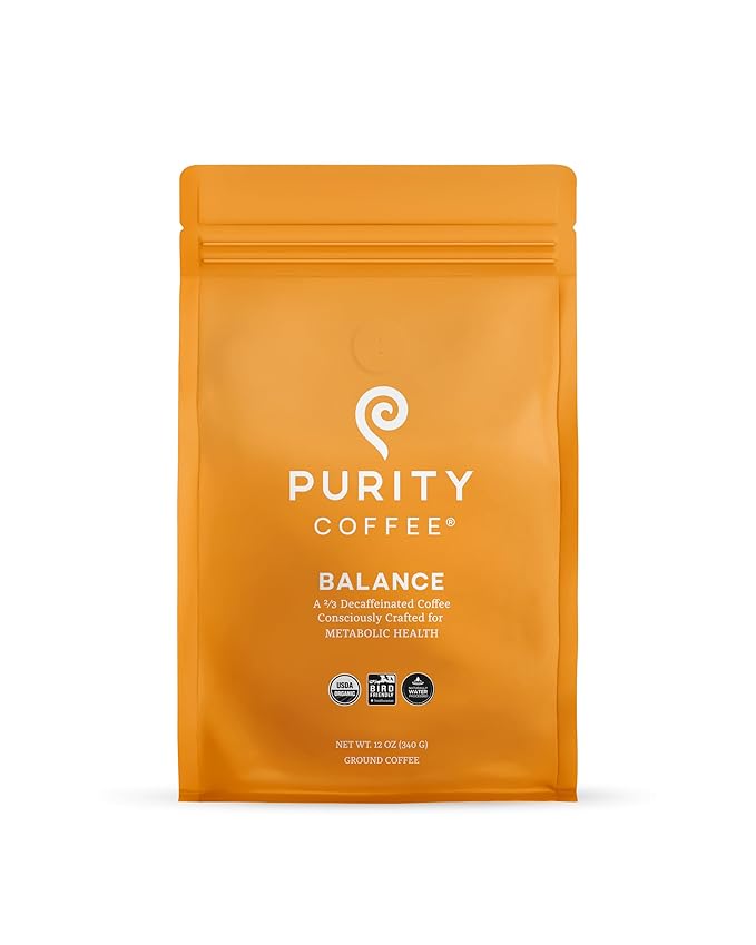 Purity Coffee BALANCE 2/3 Decaf Medium Roast Ground (12oz Bag) | Specialty-Grade USDA Organic Mountain Water Decaffeinated + Arabica Blend | Third Party Tested for Mold, Mycotoxins & Pesticides