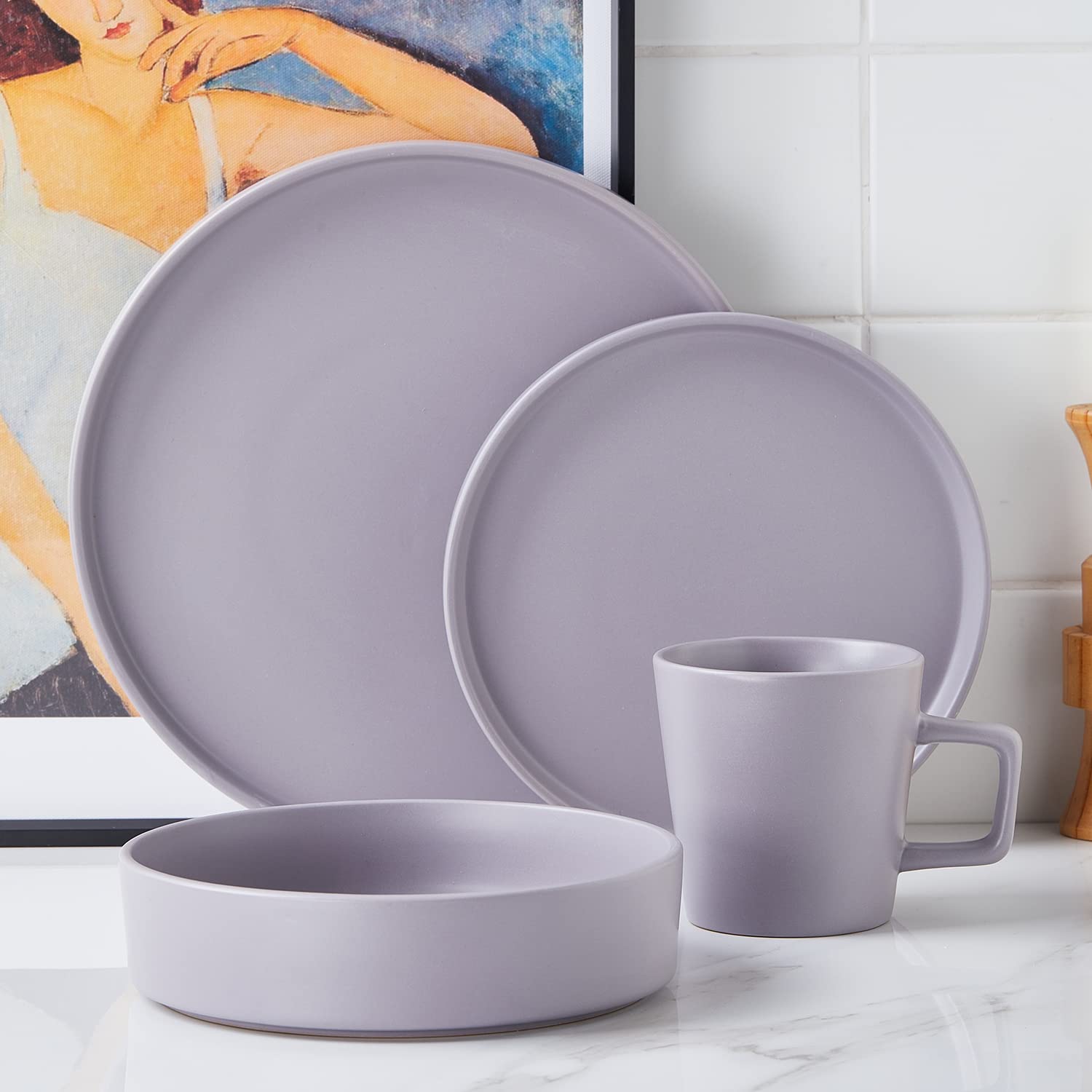 Stone Lain Cleo Stoneware 16-Piece Modern Dinnerware Set, Plates and Bowls, Light Gray, Service for 4, Microwave & Dishwasher Safe