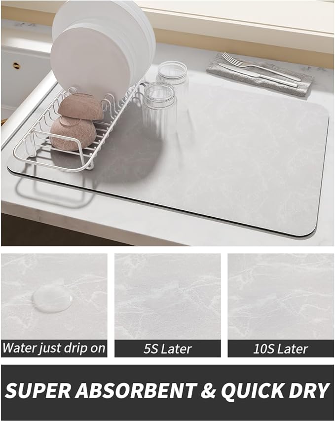 AMOAMI-Coffee Mat Hide Stain Rubber Backed Absorbent Dish Drying Mat for Kitchen Counter-Coffee Bar Accessories Fit Under Coffee Maker, Espresso Machine, Pot, Dish Rack,Light Grey 16X24