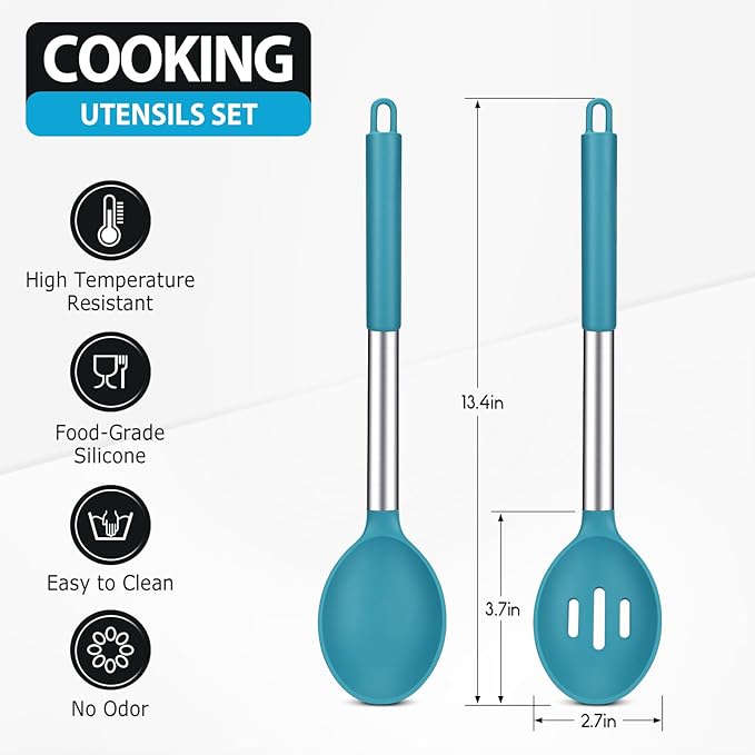 Pack of 2 Large Silicone Cooking Spoons, BPA Free Kitchen Scoops (Blue)