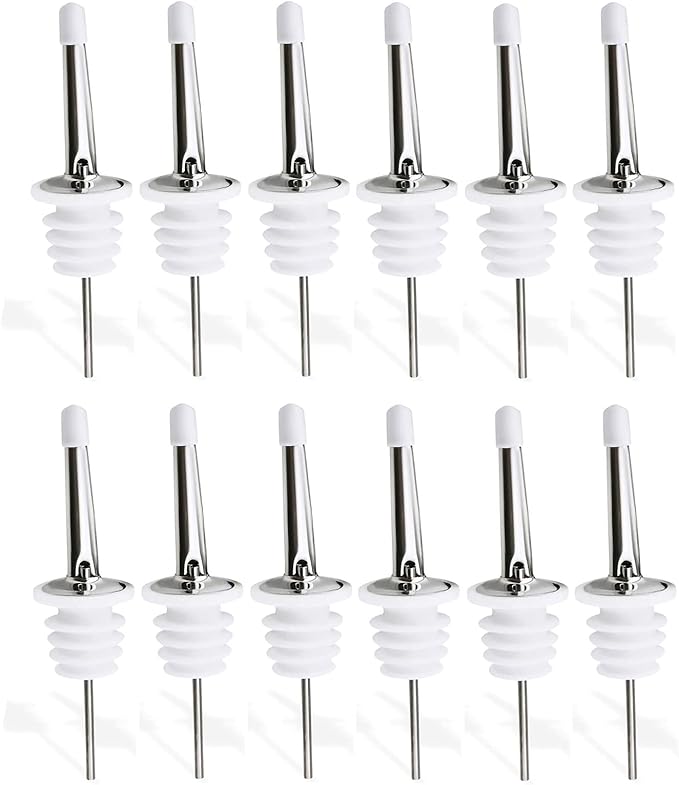 24 Pack Liquor Pour Spouts Set - Stainless Steel bottle spout and Liquor Pourers Dust Caps Covers Silver White