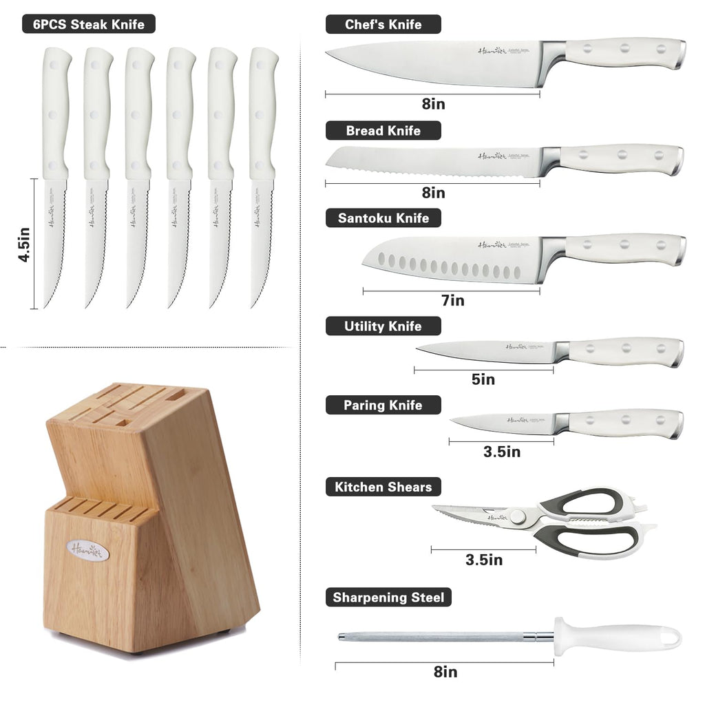 Harriet 14-Piece Knife Block Set, High-Carbon Stainless Steel Chef Knives with Triple Rivet Handles, Sharpening Steel & Multifunctional Shears | Santoku, Bread, Steak Knives & Wood Block