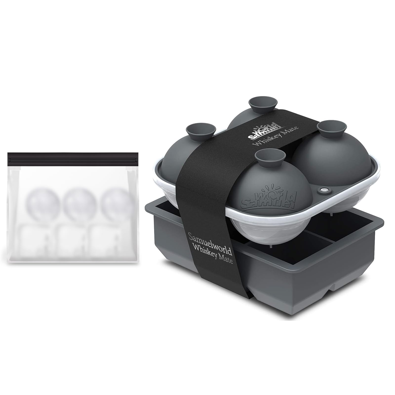 Samuelworld Silicone Premium Ice Trays, 2 Inches Extra Large Cubes & 2.5 Inches Sphere Ice Molds - BPA Free, Craft Ice Maker for Gifting, Easy Release - Grey(With Ice Bag)