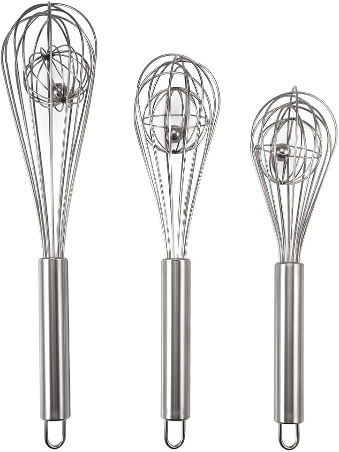 Amytalk 3 Pack 8, 10, 12 inches Balloon Whisk Double Balloon Wire Whisk Blending Whisking Beating Stirring Egg Beater Stainless Steel (with inside Ball)