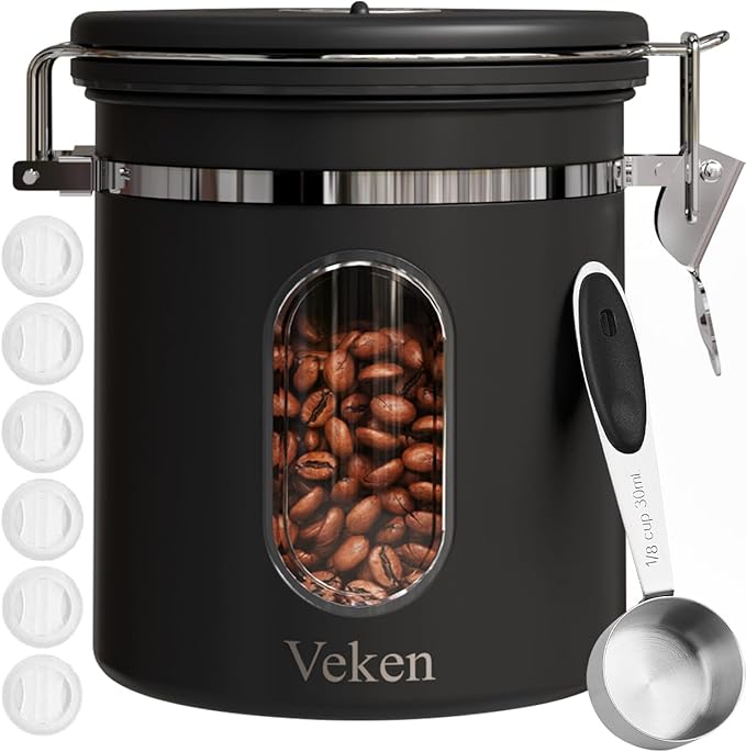 Veken Coffee Canister with Window, Airtight Stainless Steel Container, 16OZ