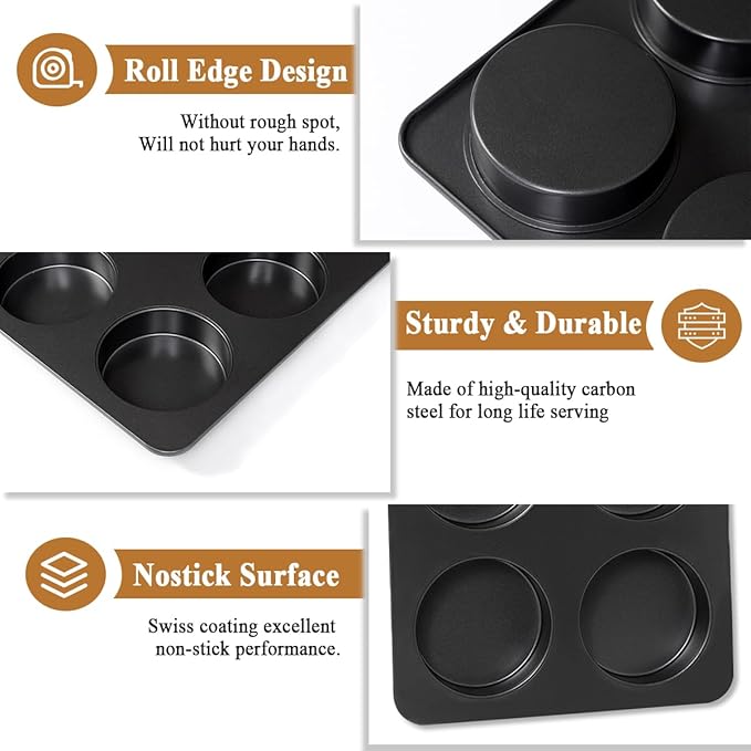 Elesinsoz 2 Pcs English Muffin Pans, 3.6 Inch Non-Stick 6 Cup Straight Side Cupcake Pan, Hamburger Bun Pan for Baking Muffin Egg Sandwich Frittata Cinnamon Roll (Lid NOT Included)