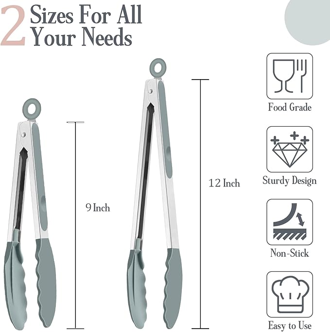TeamFar Kitchen Tongs, 9"&12" Stainless Steel Heat Resistant Cooking Tongs