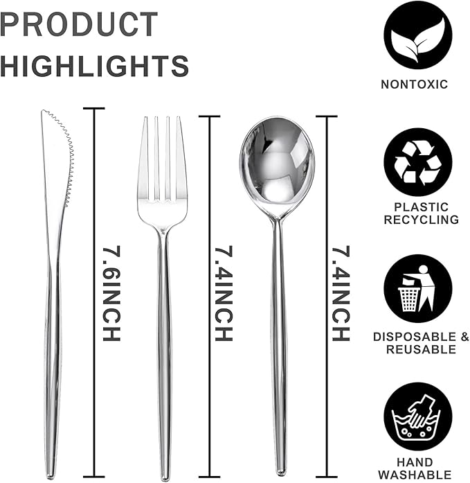 Rubtlamp 90Pcs Silver Plastic Silverware, Silver Plastic Utensils, Plastic Cutlery Include 30 Knives, 30 Forks and 30 Spoons, Silverware Heavy Duty For Party