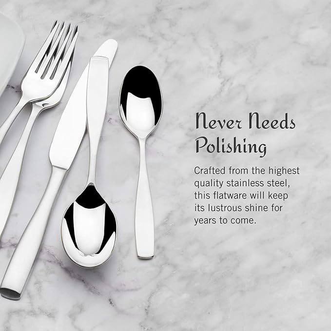 Mikasa Satin Loft 65-Piece Flatware Set, Service for 12, 18/10 Stainless Steel Silverware with Satin Finish, Includes Serving Utensils, Dishwasher Safe