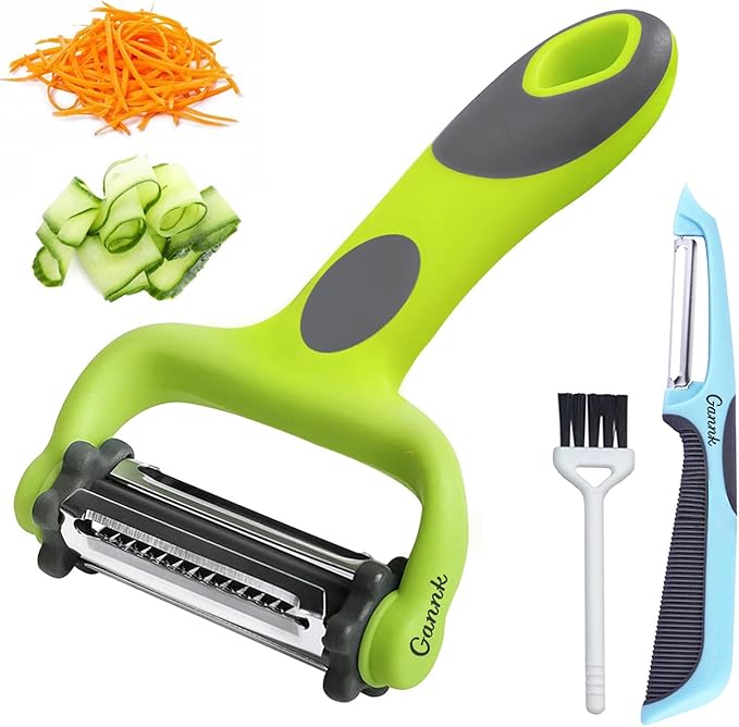 GANNK Potato Apple Vegetable Peelers for Kitchen, I and Y Peelers for Fruit Veggie Potatoes Carrot Cucumber, 3 in 1 Blade Spin Design With Julienne Multifunctional