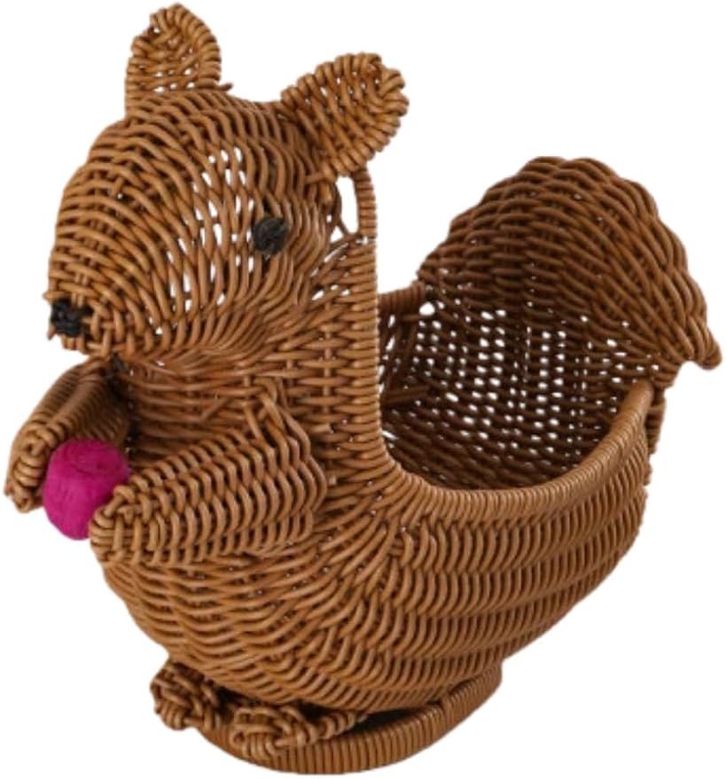 PSYCONES hand-woven round rattan basket storage basket storage box ornaments decorative basket multifunctional picnic food bread basket fruit gift basket key basket. (squirrel)