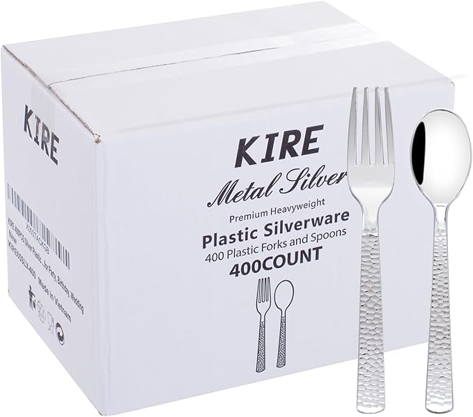 KIRE 400PCS Silver Plastic Forks and Spoons Disposable-Heavy Duty Plastic Silverware Set Silver Spoons and Forks-200 Forks and Spoon for Parties/Birthday/Wedding/Father's Day