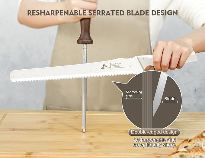 CoquusAid Upgrade Bread Knife for Homemade Bread, World‘s 1st Double Serrated Knife for Crusty Sourdough, 11.6 Inch Stainless Steel Bread Slicer, Professional Sourdough Cutter, Ideal Gift, White