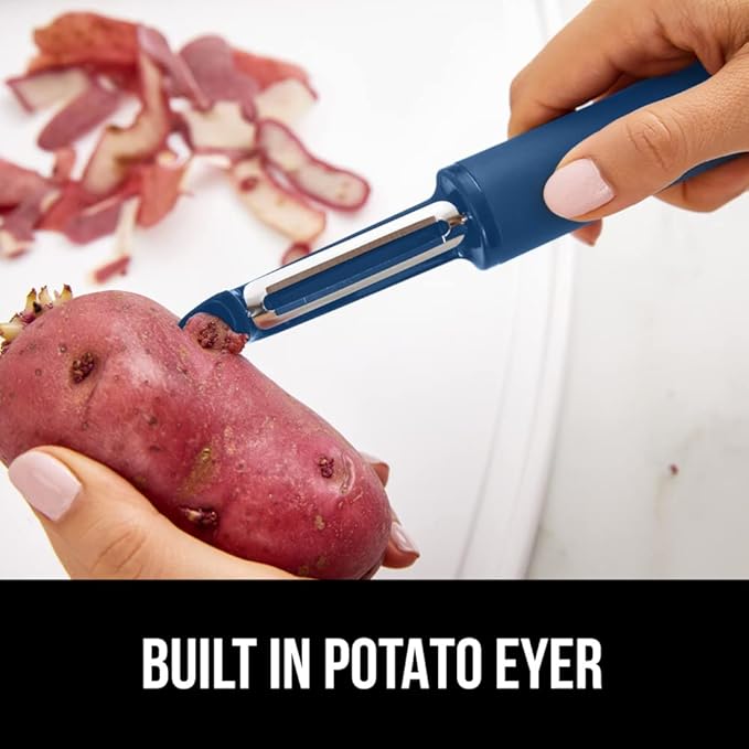 GORILLA GRIP® Patented BPA-Free Vegetable Peeler, Extra Sharp Swivel Stainless Steel Blades with Guard, Comfortable Soft Handle, Easily Peel Carrots or Fruit, Potato Eye Remover, Dishwasher Safe, Blue