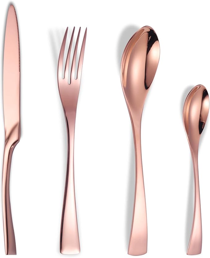 Lemeya 24 Pieces Rose gold Silverware Set for 6,Heavy Duty 18/10 Stainless Steel Flatware Set with Forged Stand Knife,Modern Cutlery Utensil Set,Mirror Polished,Dishwasher Safe